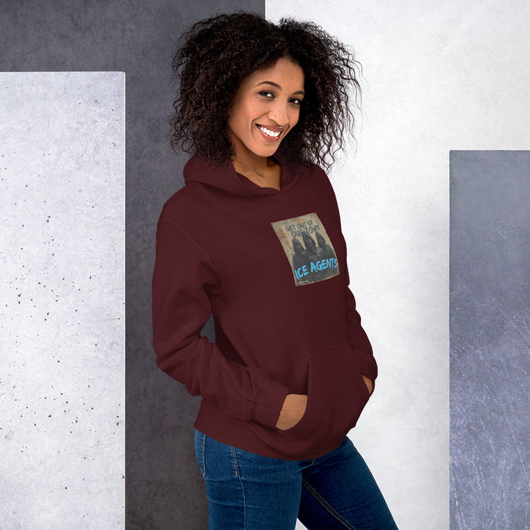 Unisex maroon hoodie with front “Ice Agents” graphic patch on the chest