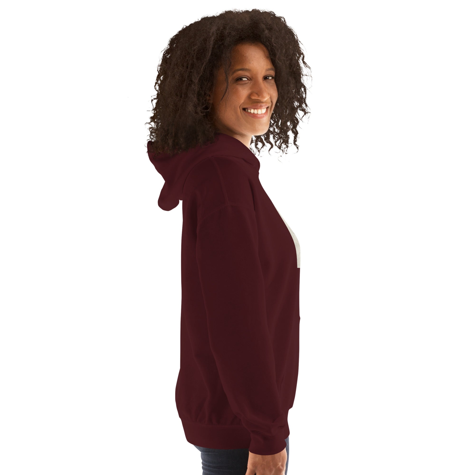 Maroon unisex hoodie side profile with hood and kangaroo pocket