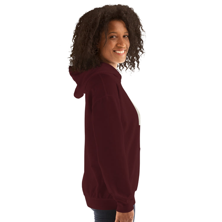 Maroon unisex hoodie side profile with hood and kangaroo pocket