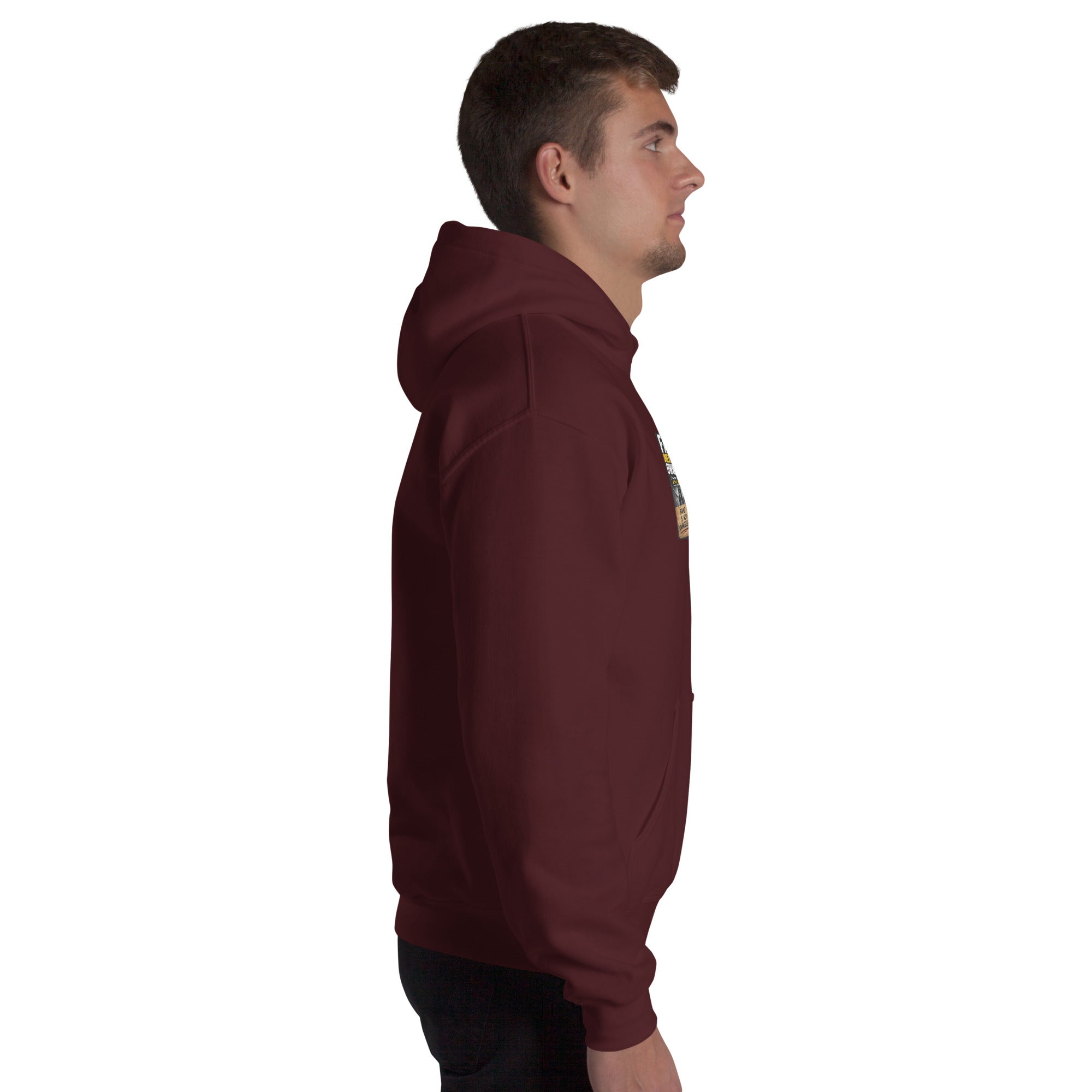 Maroon unisex hoodie in side profile with drawstring hood