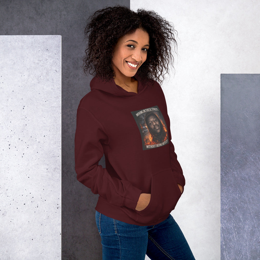 Maroon streetwear hoodie with hood and front graphic patch, long sleeves