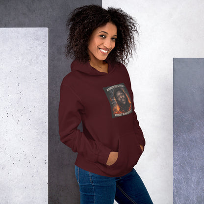 Maroon streetwear hoodie with hood and front graphic patch, long sleeves