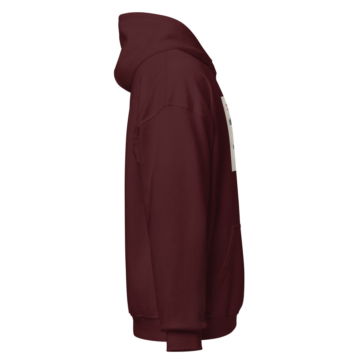 Maroon pullover hoodie with hood and kangaroo pocket, rear side view