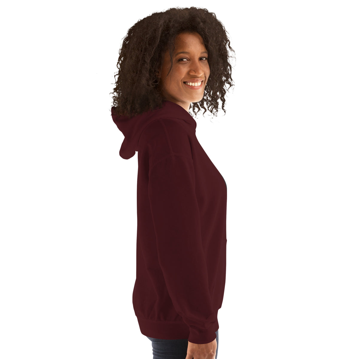Maroon hoodie with hood and front pocket, three-quarter side view