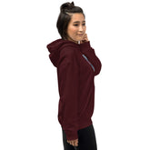 Maroon hoodie with hood and side graphic detail, long sleeves