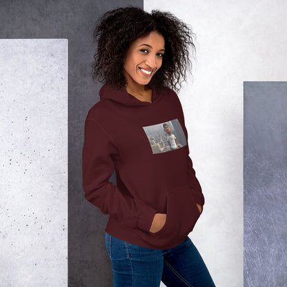 Maroon pullover hoodie with hood, front pouch pocket, and chest graphic photo patch