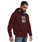 Unisex maroon hoodie with hood and chest graphic print, front view with pocket