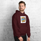 Maroon unisex hoodie with hood and chest graphic print, front pouch pocket.