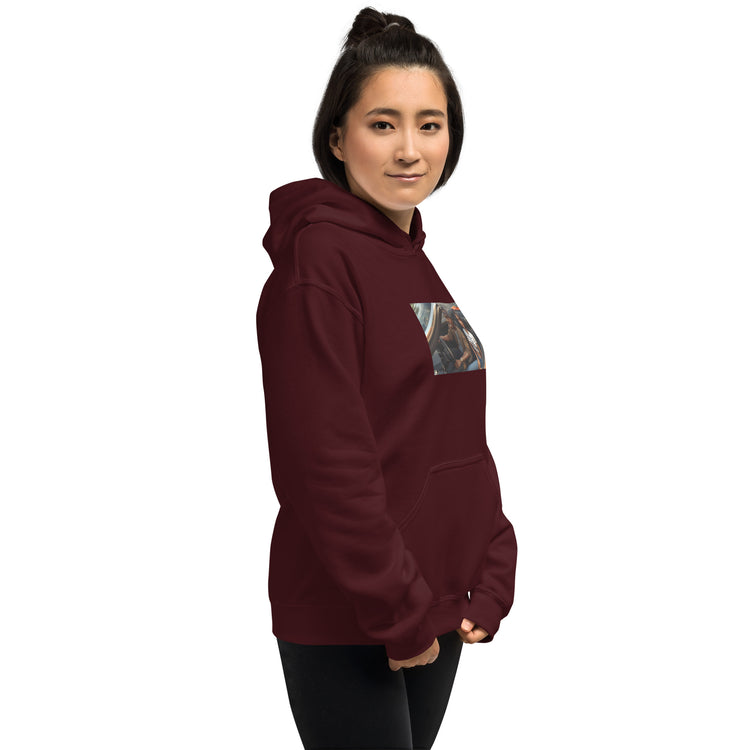 Unisex maroon pullover hoodie with hood and front pouch pocket, chest photo graphic