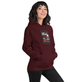 Unisex pullover hoodie, dark maroon, chest graphic on front