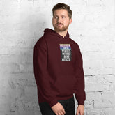 Unisex maroon pullover hoodie with hood and chest graphic, front pouch pocket