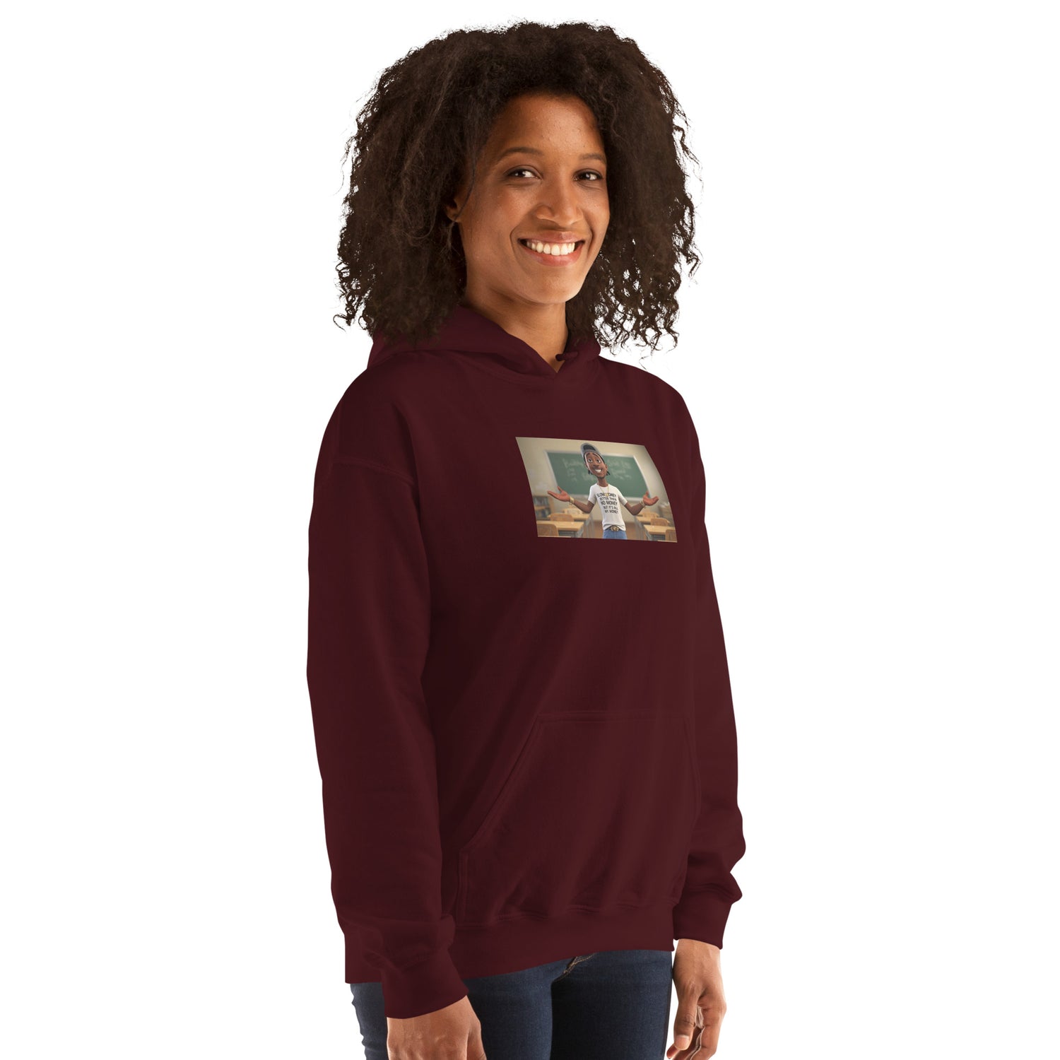 Maroon unisex hoodie with hood, front pocket, centered chest graphic