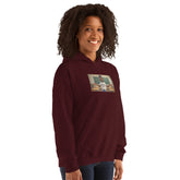 Maroon unisex hoodie with hood, front pocket, centered chest graphic