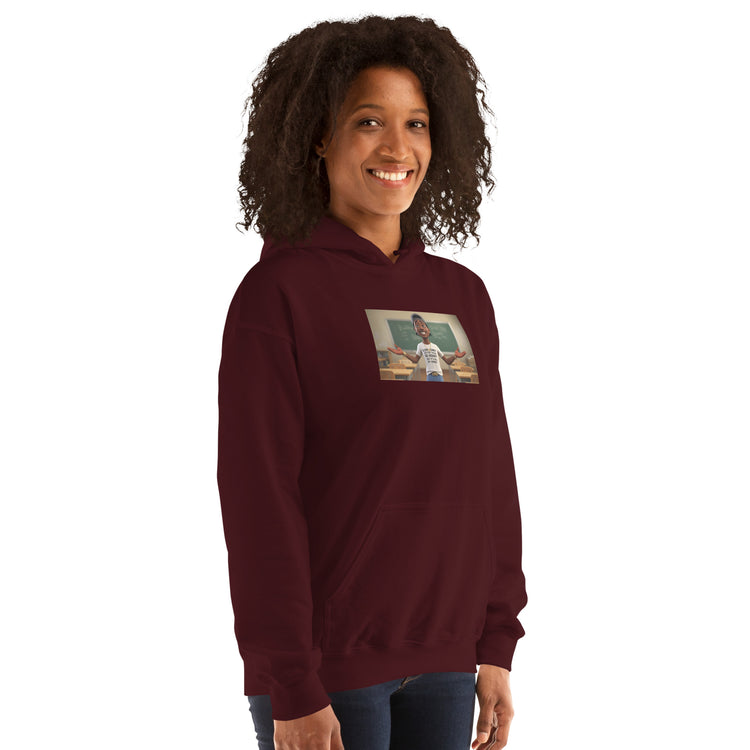 Maroon unisex hoodie with hood, front pocket, centered chest graphic