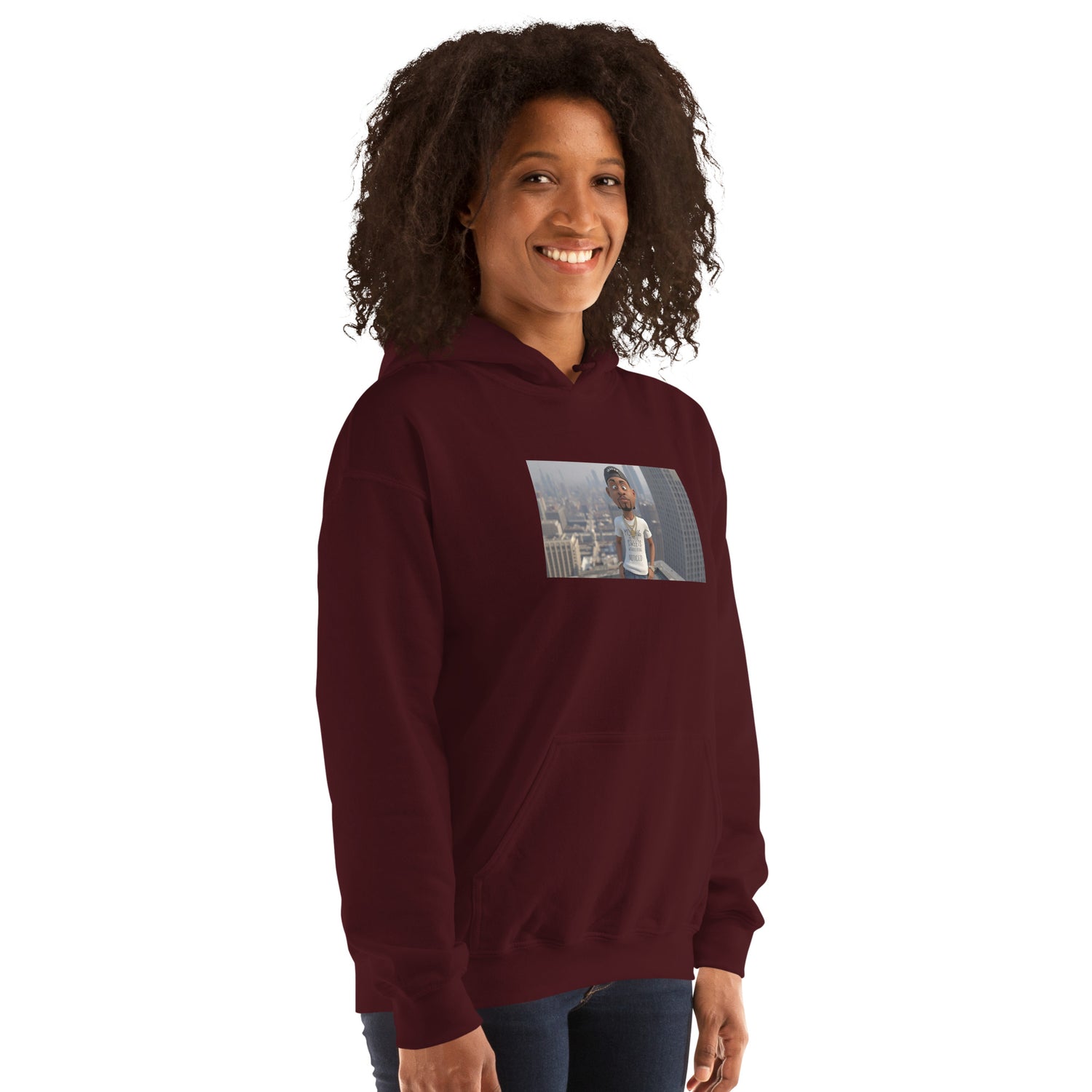 Unisex-Hoodie maroon mit rechteckigem Frontdruck, Kapuze und Kängurutasche