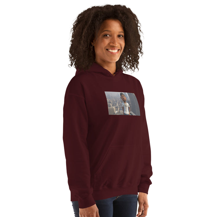 Maroon pullover hoodie with hood and centered chest photo-style graphic.