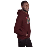 Maroon unisex hoodie with hood and front pocket, colorful chest graphic