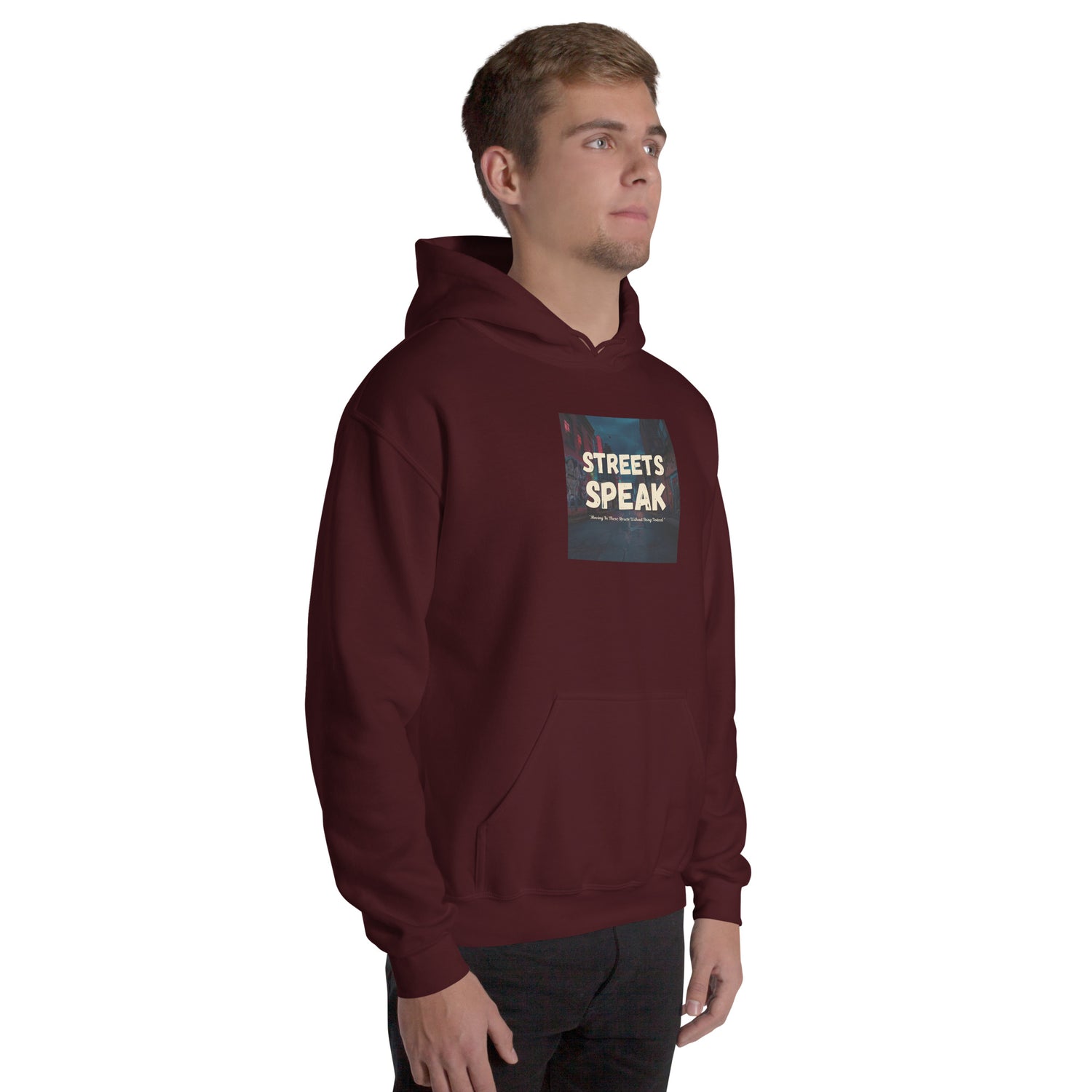 Unisex hoodie, maroon, front view with hood and “STREETS SPEAK” chest graphic