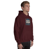 Unisex maroon hoodie front view with chest graphic and pullover hood.