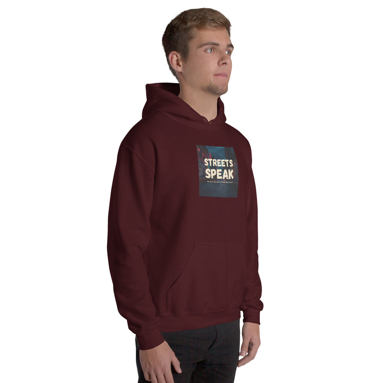 Unisex maroon hoodie front view with chest graphic and pullover hood.