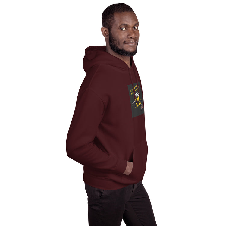Maroon unisex pullover hoodie with hood and sleeve graphic patch
