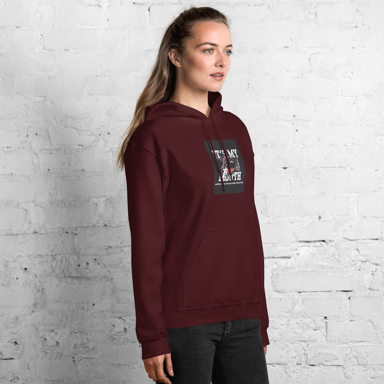 Unisex maroon hoodie, chest graphic visible on front with kangaroo pocket