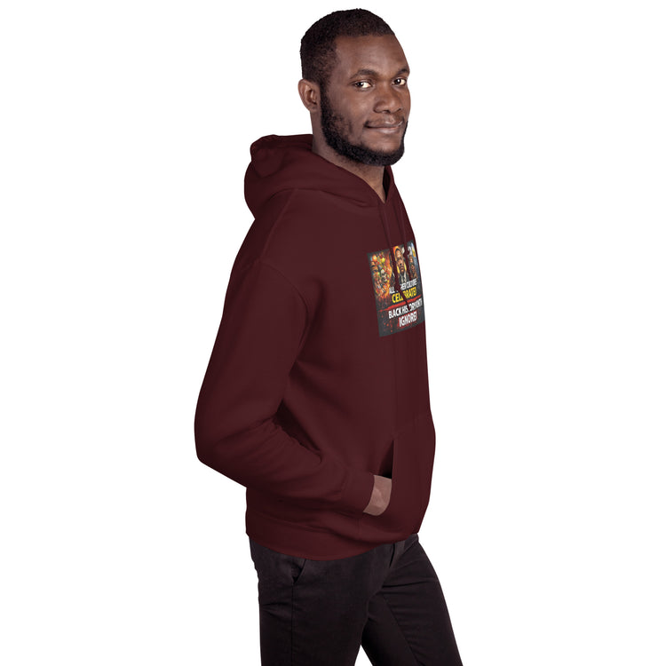 Unisex burgundy hoodie with hood and front graphic patch