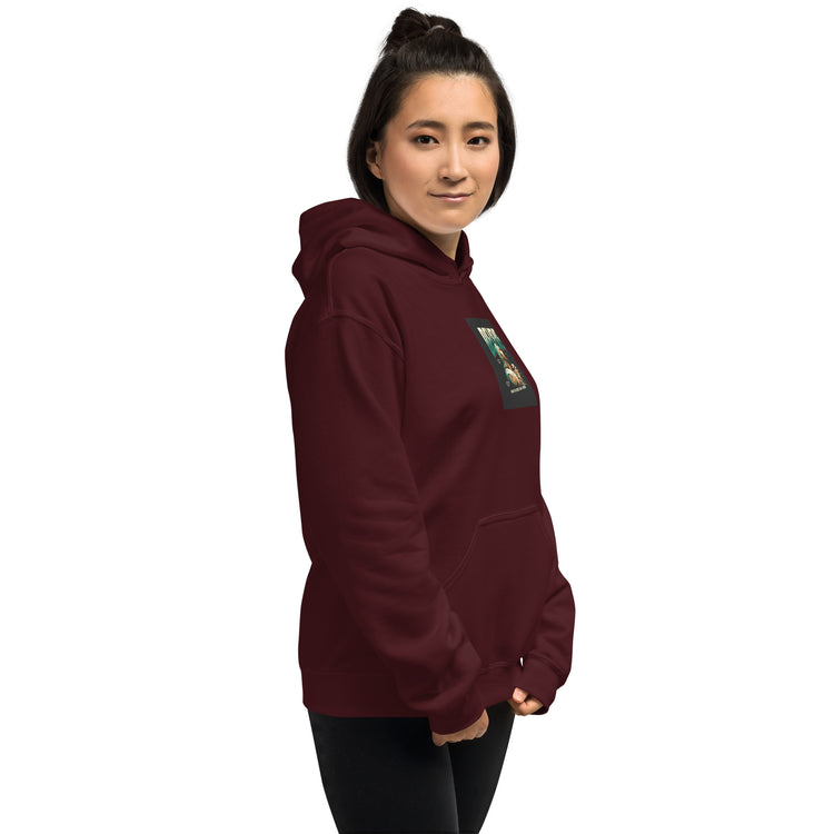 Unisex maroon hoodie with logo patch on chest, hood and kangaroo pocket, side view