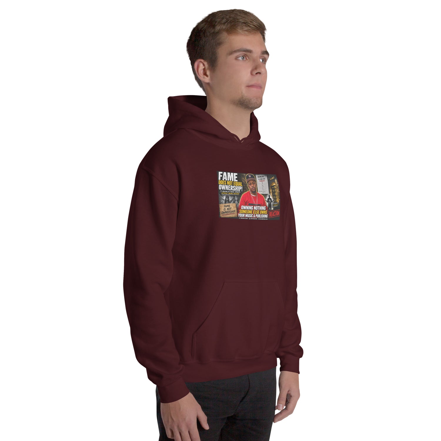 Maroon unisex hoodie with front graphic print and relaxed fit
