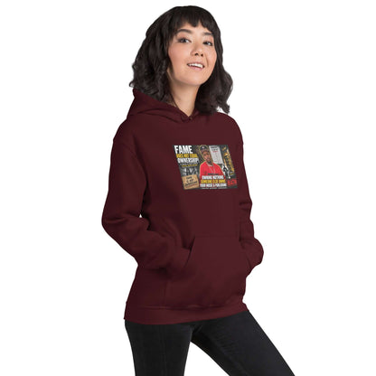Maroon pullover hoodie with chest graphic print, kangaroo pocket, and drawstring hood.