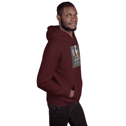 Maroon pullover hoodie side view with hood and kangaroo pocket, front chest print