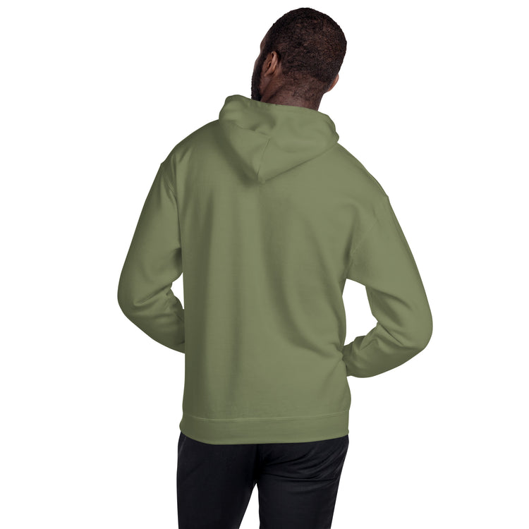 Unisex pullover hoodie in olive green, hooded front with kangaroo pocket, back view