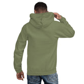 Olive green unisex hoodie, back view with hood and long sleeves