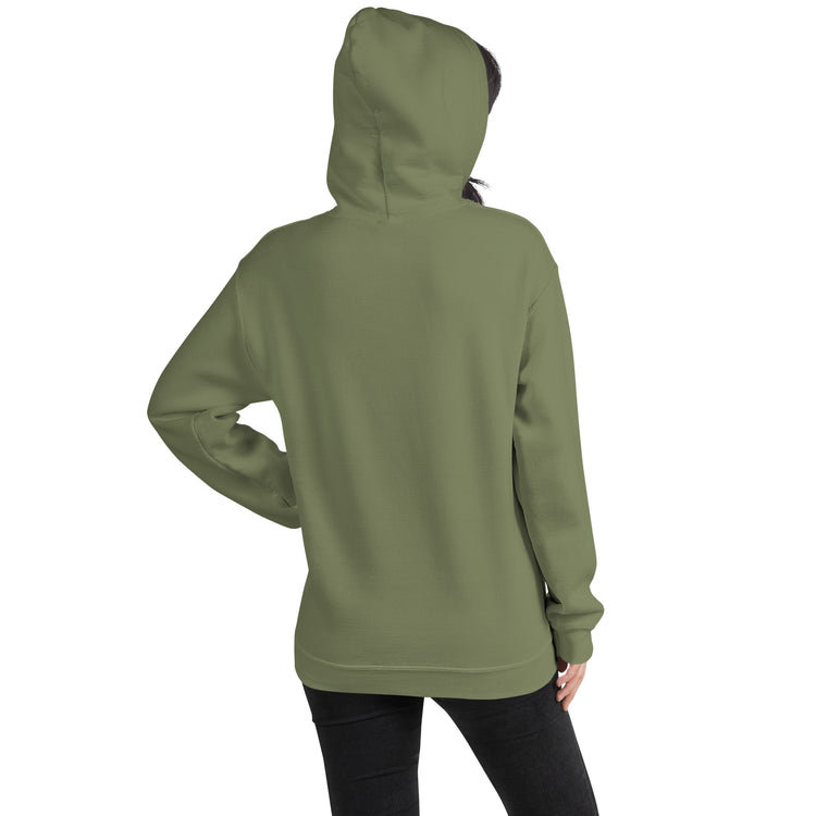 Unisex pullover hoodie, military green, rear view with hood and kangaroo pocket