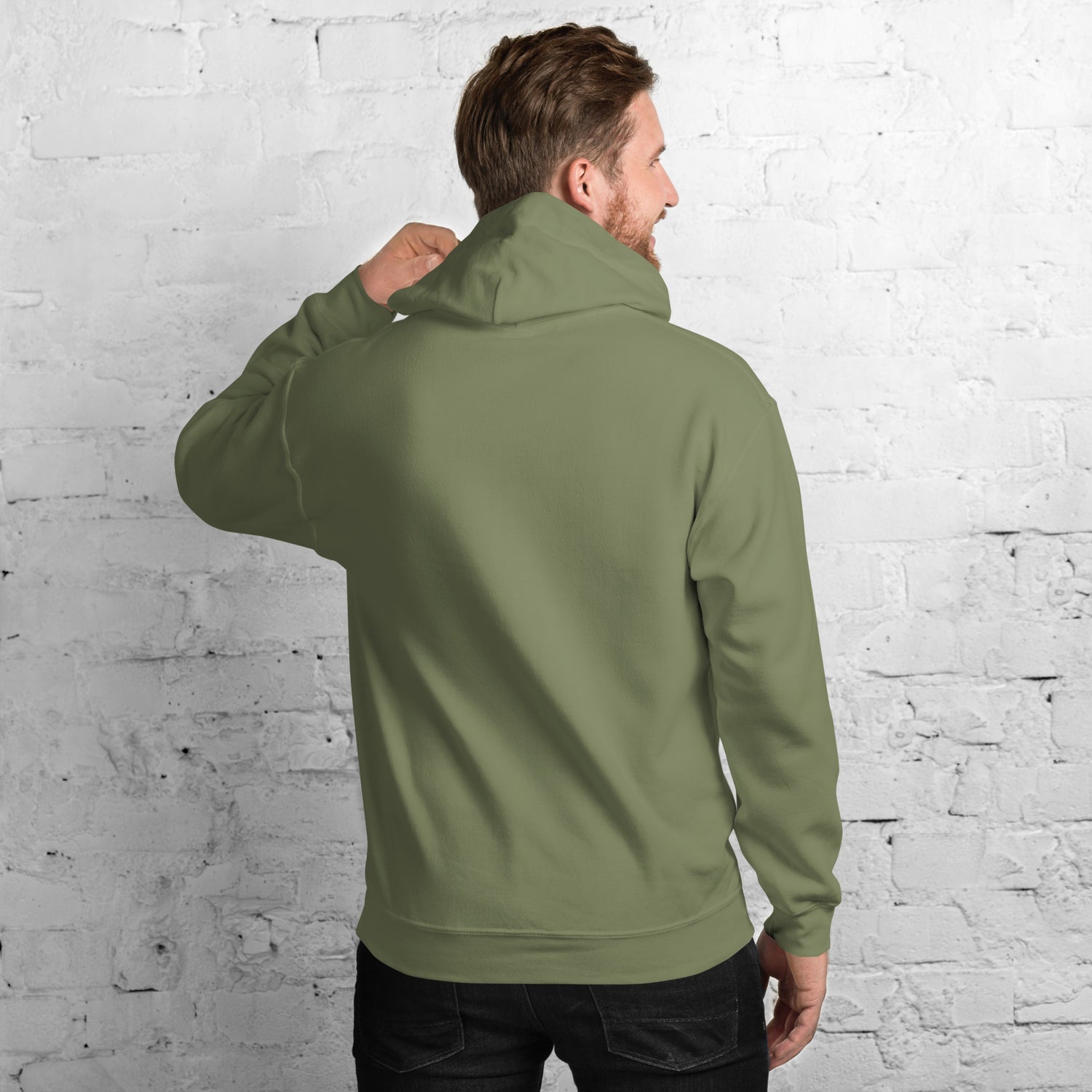 Unisex hoodie, olive green, back view with hood and long sleeves