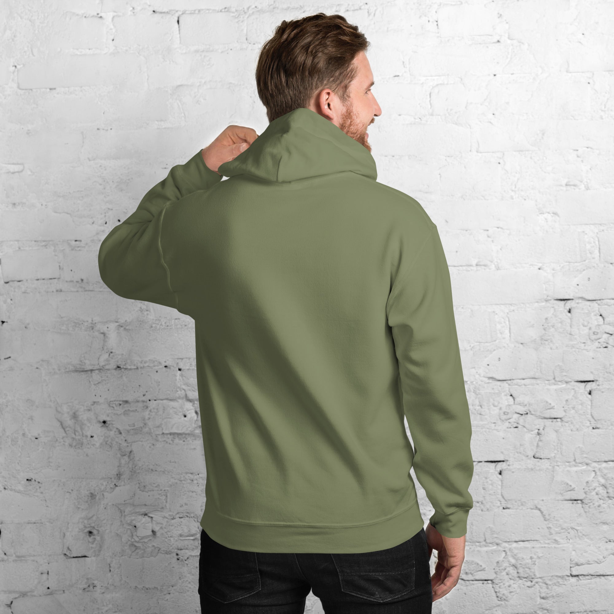 Unisex hoodie, olive green, back view with hood and long sleeves