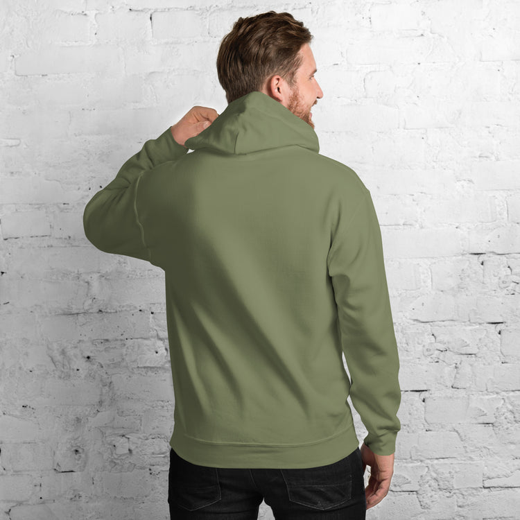Military green unisex hoodie back view with hood and long sleeves