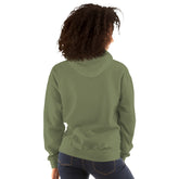Military Green unisex hoodie, back view with hood and kangaroo pocket