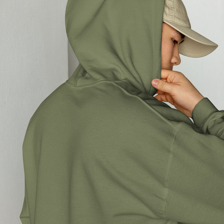 Unisex military green hoodie close-up with hood opening