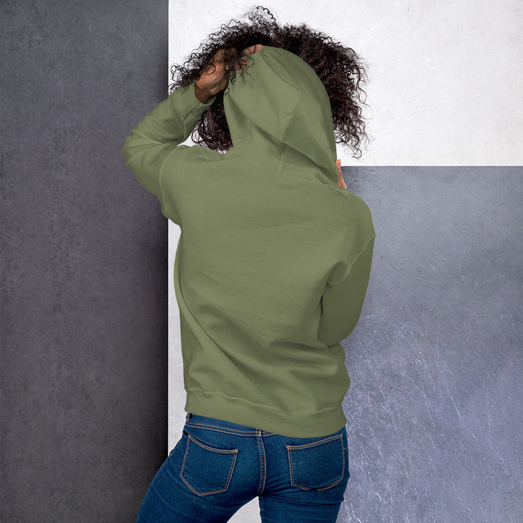 Unisex hoodie in military green with hood up, shown from back.