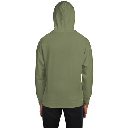 Military green unisex hoodie with hood, back view