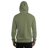 Unisex military green hoodie, back view, with hood and pouch pocket.