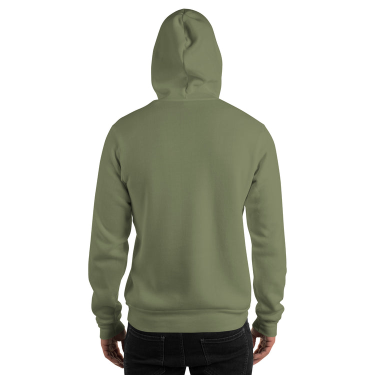 Unisex military green hoodie, back view, with hood and pouch pocket.