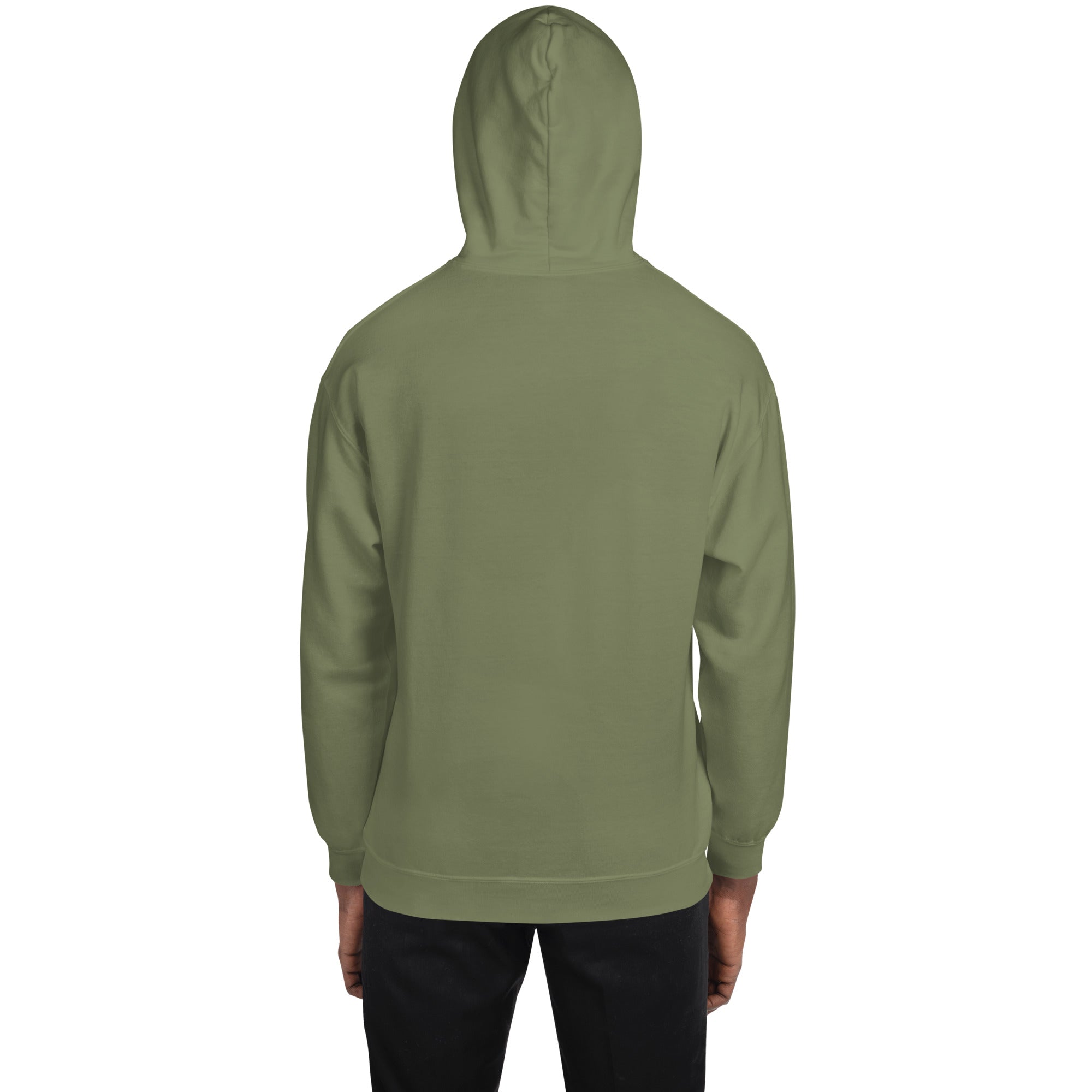 Street Life unisex hoodie in military green, back view with full hood