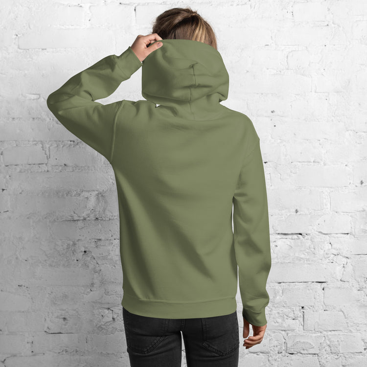 Olive green unisex hoodie with hood, front pouch pocket, long sleeves, back view