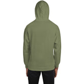 Unisex pullover hoodie in olive green, with hood and kangaroo pocket, back view