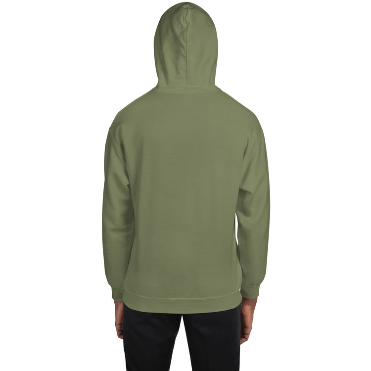 Unisex pullover hoodie in olive green, with hood and kangaroo pocket, back view