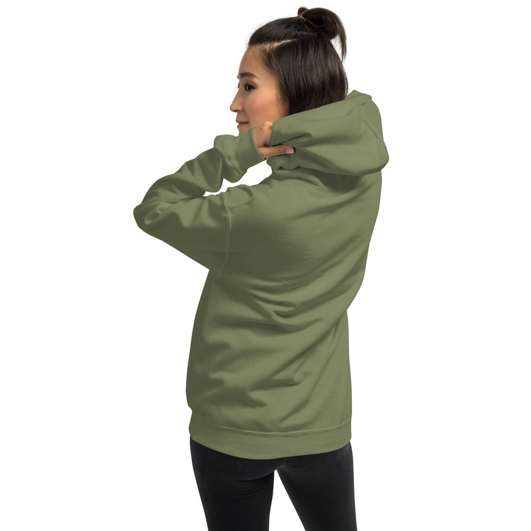 Unisex hoodie military green, back view with hood and long sleeves