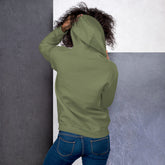 Unisex green hoodie, back view with hood and kangaroo pocket