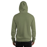 Olive green unisex hoodie back view with hood and kangaroo pocket.